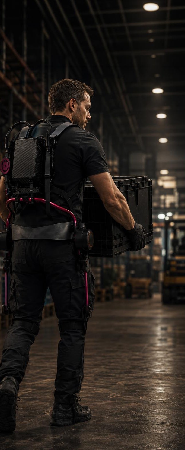 Warehouse worker carrying a crate while wearing the SH1 industrial exoskeleton