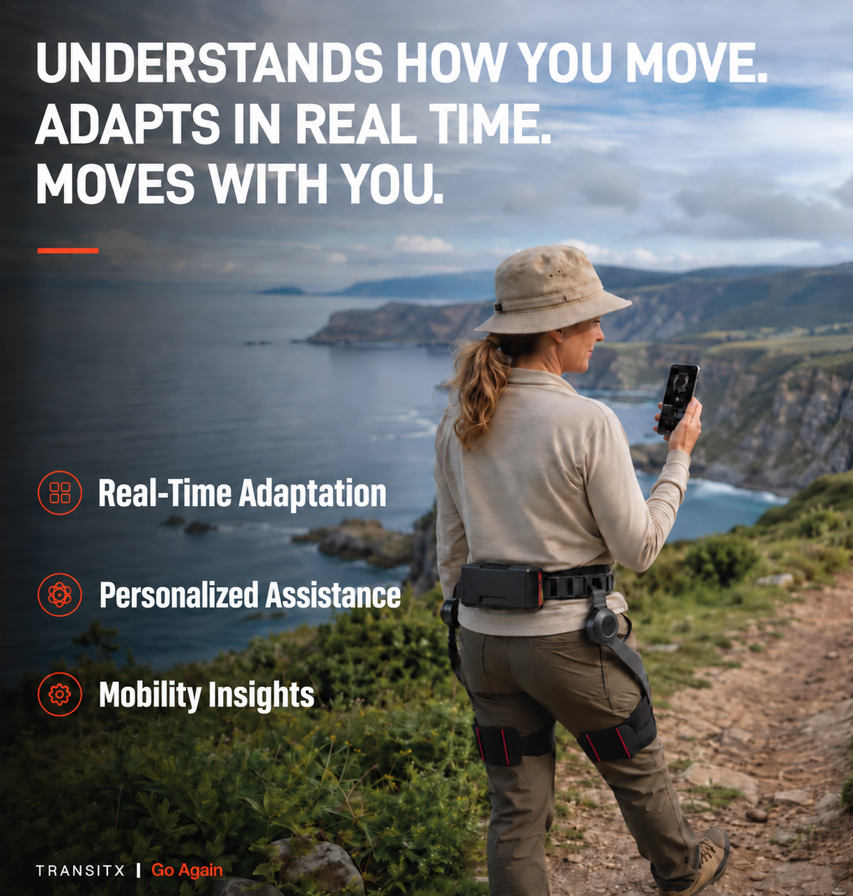 Woman on a clifftop coastal path checking the companion app while wearing an exoskeleton
