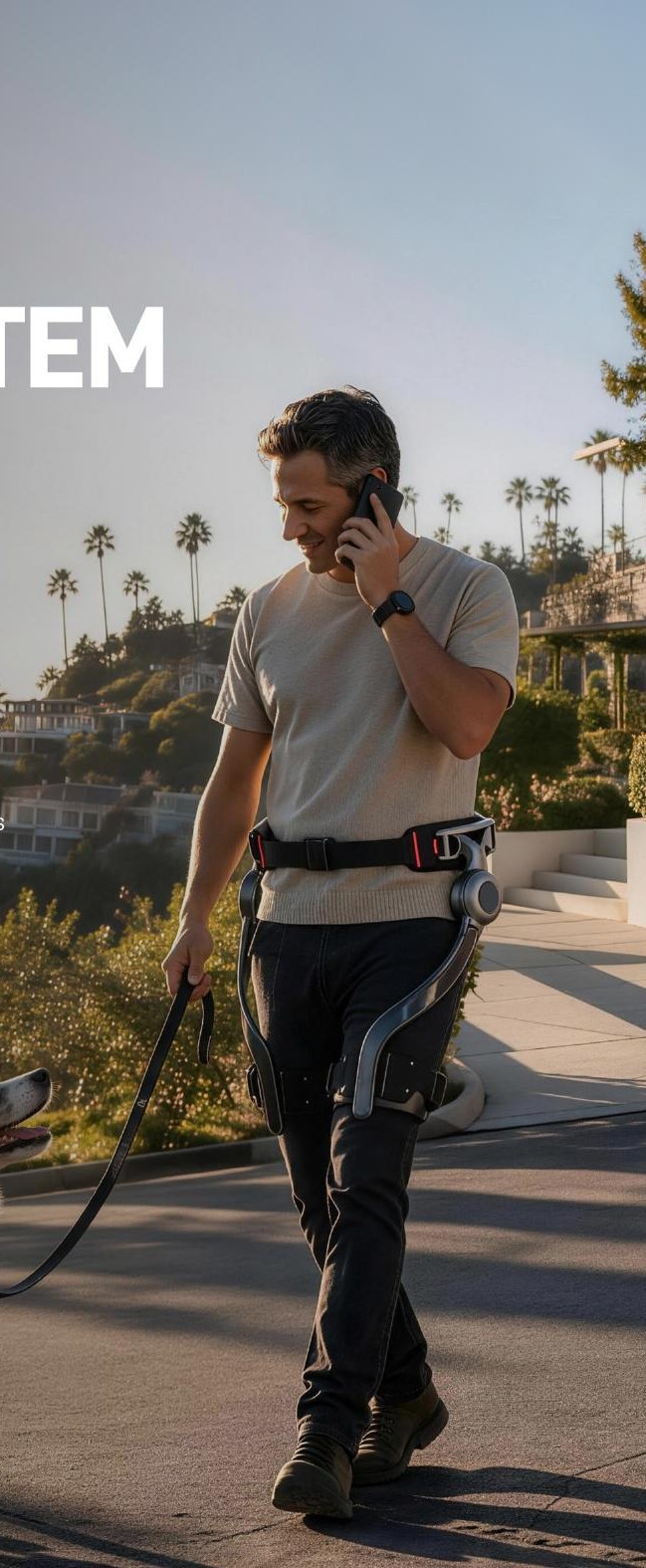 Man walking his dog along a sunlit street wearing the X1 mobility exoskeleton