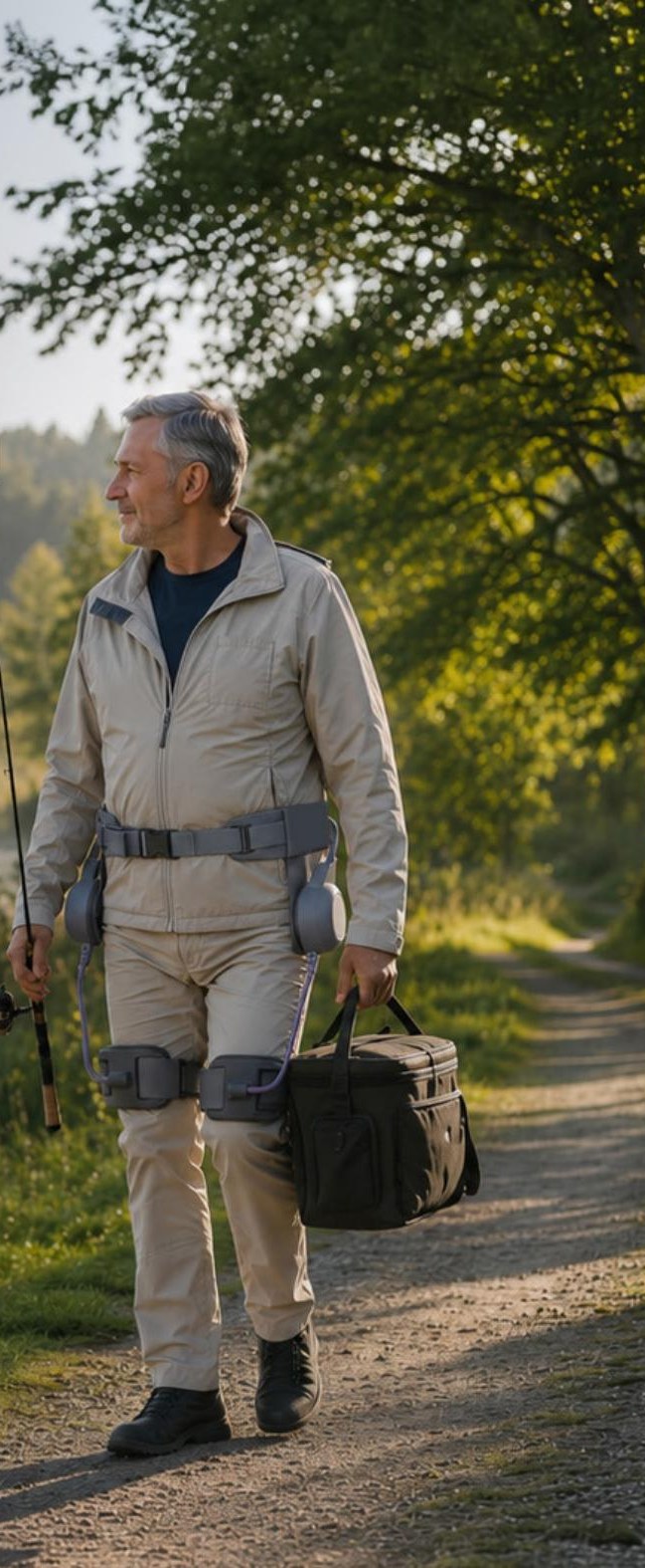 Angler walking a lakeside path wearing the S1 mobility exoskeleton