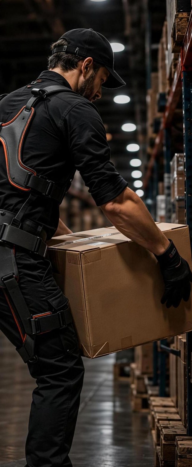 Warehouse worker lifting a box while wearing the AP1 overhead work exoskeleton