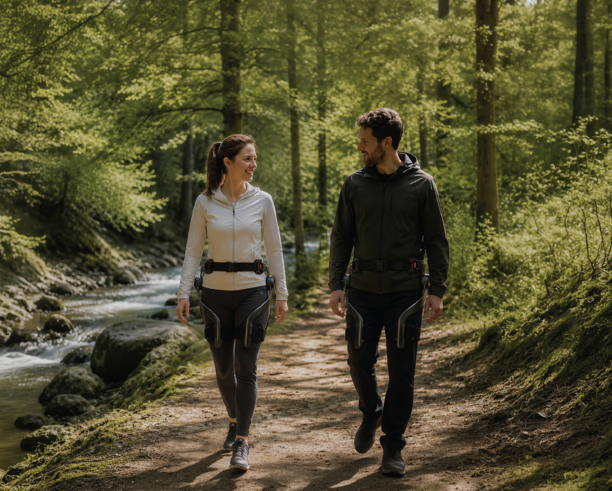 Two walkers on a forest trail wearing TransitX mobility exoskeletons