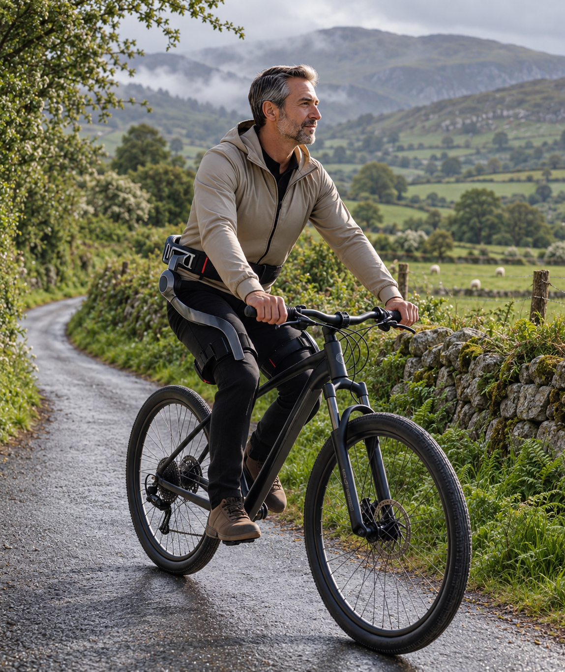 Man cycling a country lane in the Irish hills while wearing a mobility exoskeleton
