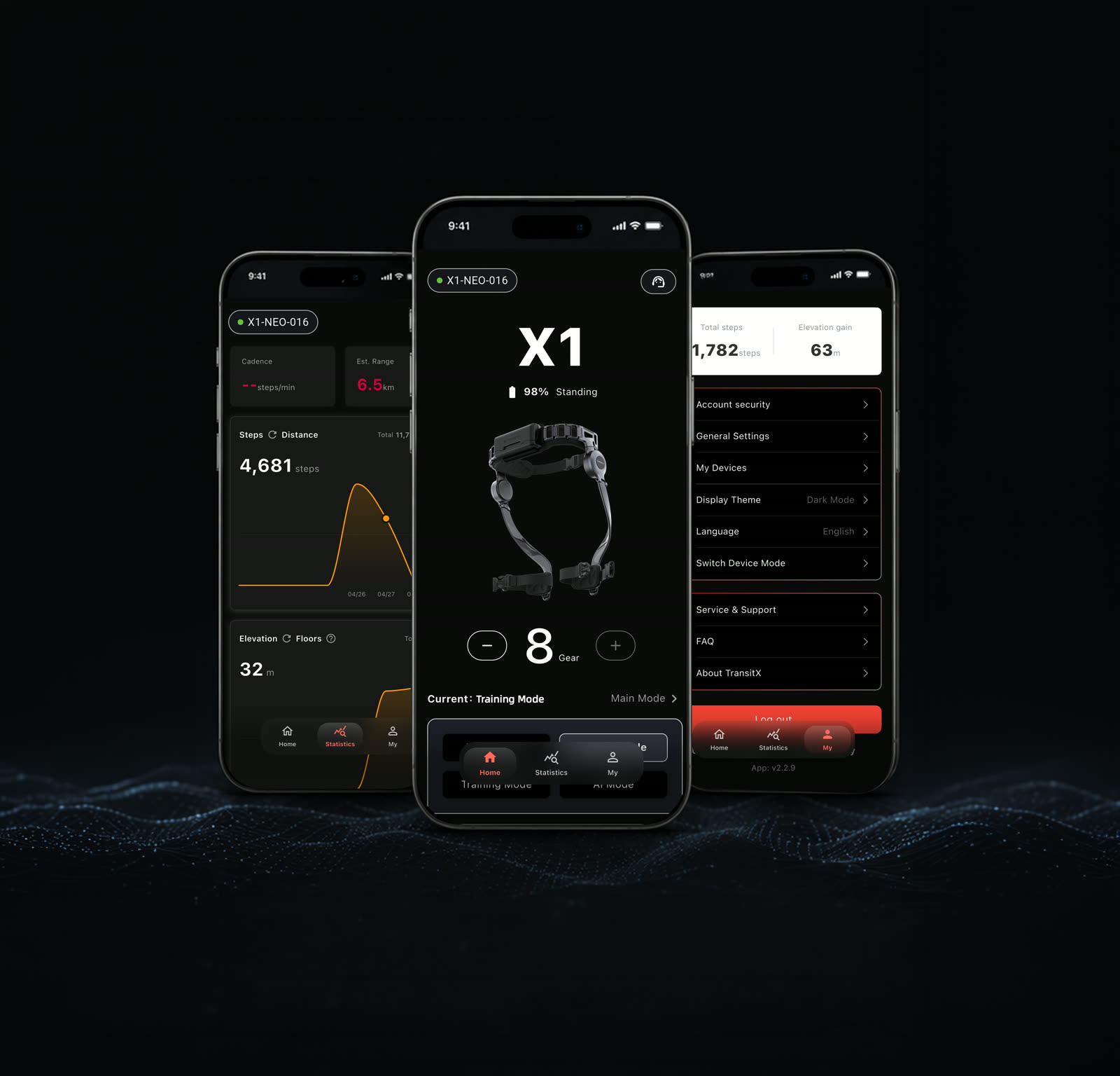 TransitX companion app showing assist gear, steps and elevation data