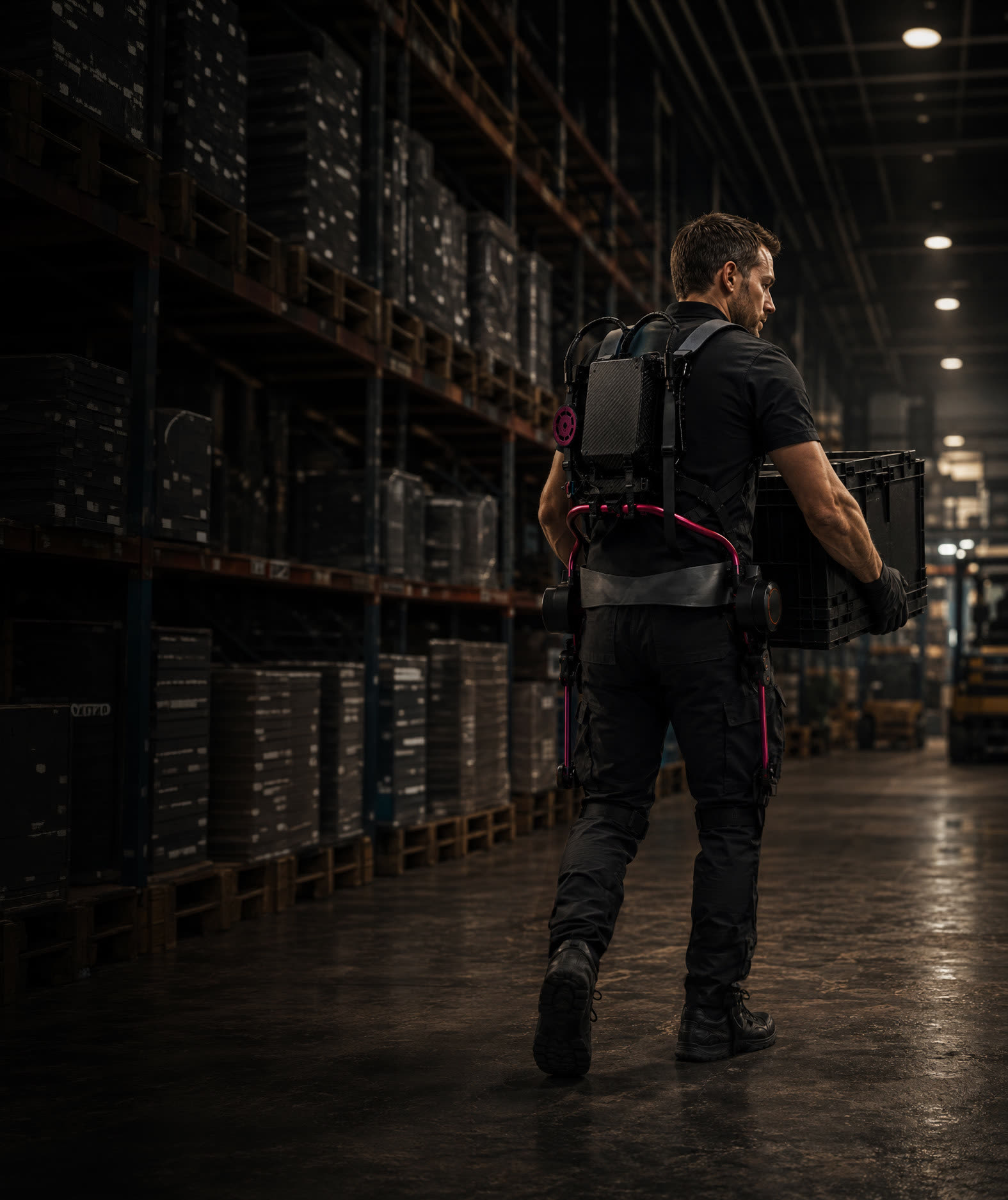 Warehouse operative carrying a crate in a powered full-body exoskeleton