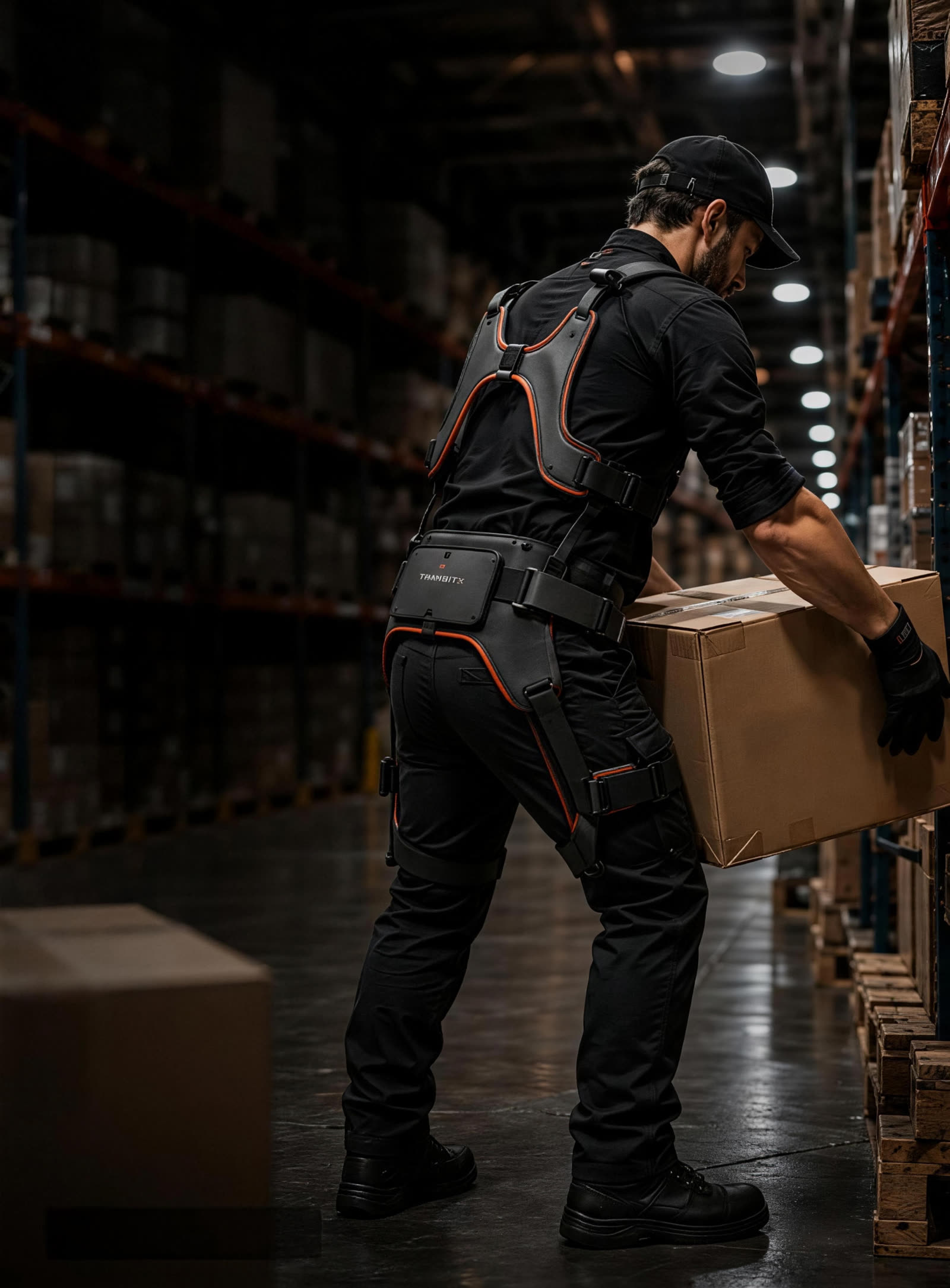 Warehouse worker lifting a box while wearing a powered waist exosuit